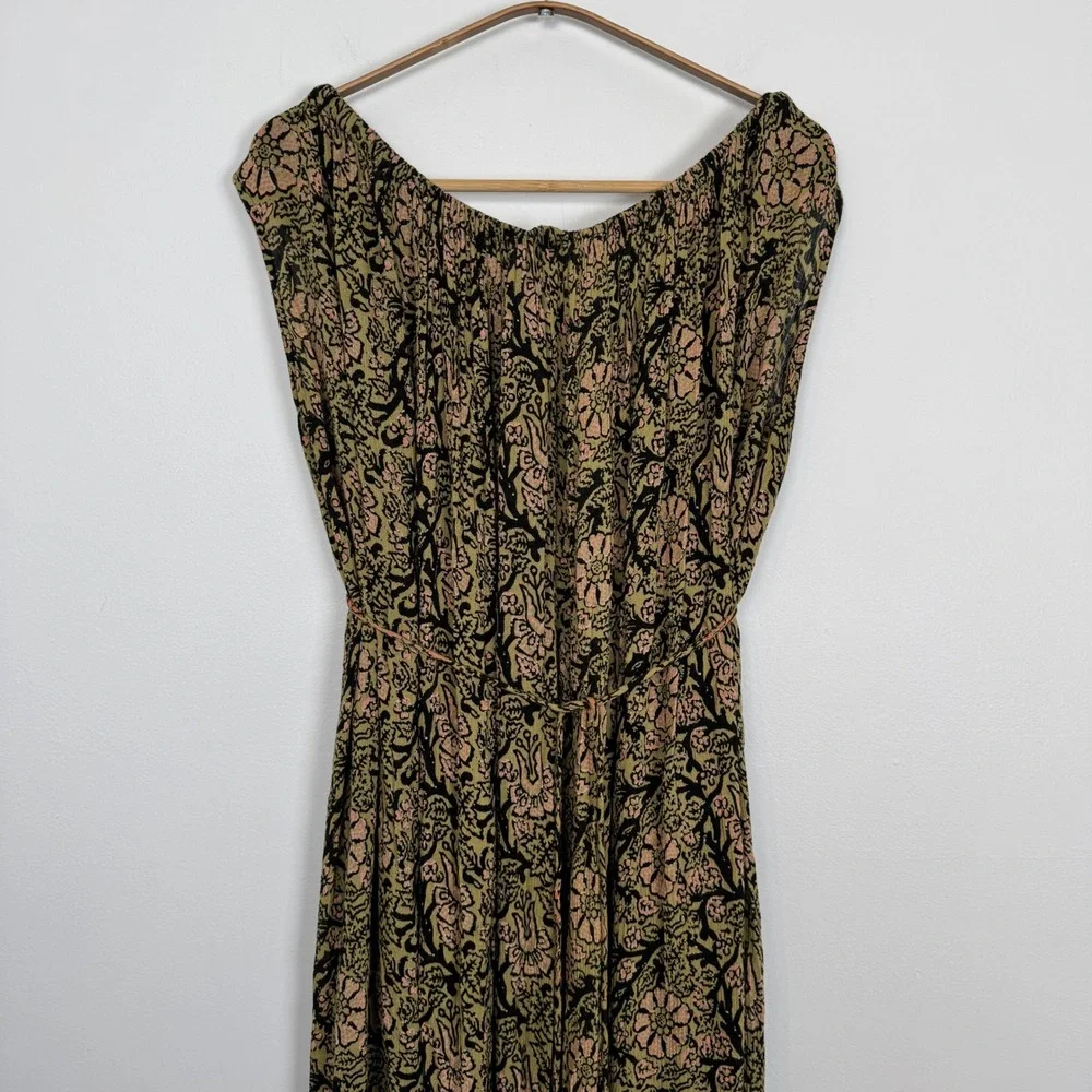 Free People Sweet Soul Smocked‎ Boho Maxi Dress Olive Black Floral Print XS